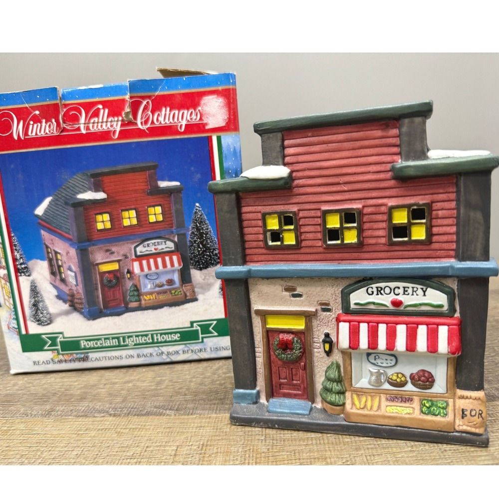 Winter Valley Cottages Porcelain Grocery Store Lighted Village Piece with Box
